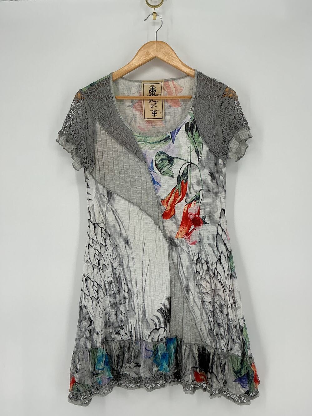 Fleur de Lis Floral Patchwork Dress S Lace Crochet Boho Artsy Tunic Ruffle